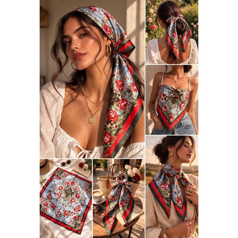 M.O.S.I Floral Satin‎ Scarf 34"x 34" Square Red Olive Cottagecore Romantic